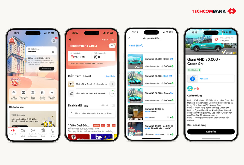 Hướng dẫn đổi điểm UPoint lấy voucher Xanh SM trên Techcombank Mobile. 