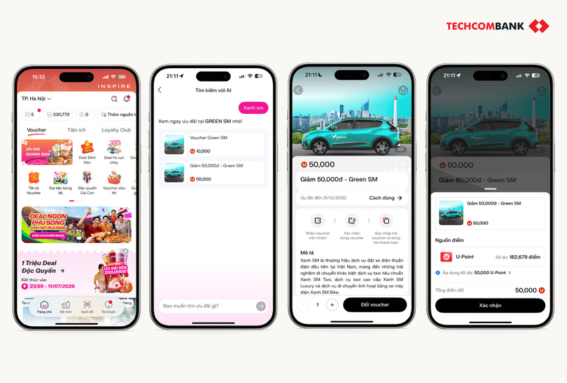 Đổi UPoint nhận voucher Xanh SM trên app Techcombank OneU. 