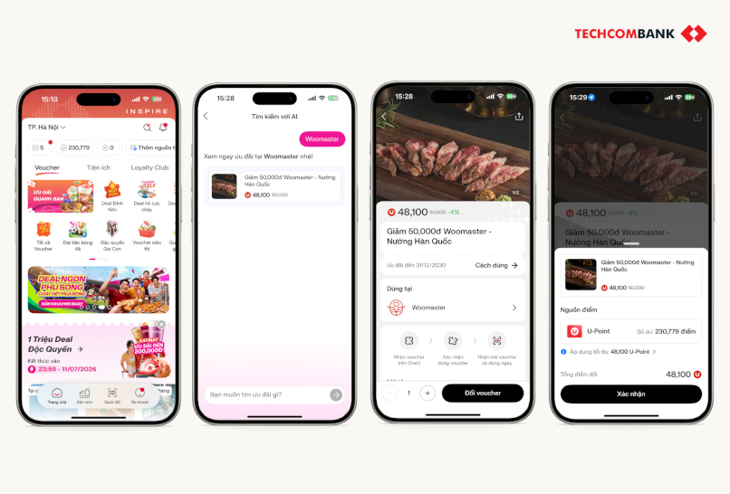 Đổi voucher Woomaster trên app Techcombank OneU.