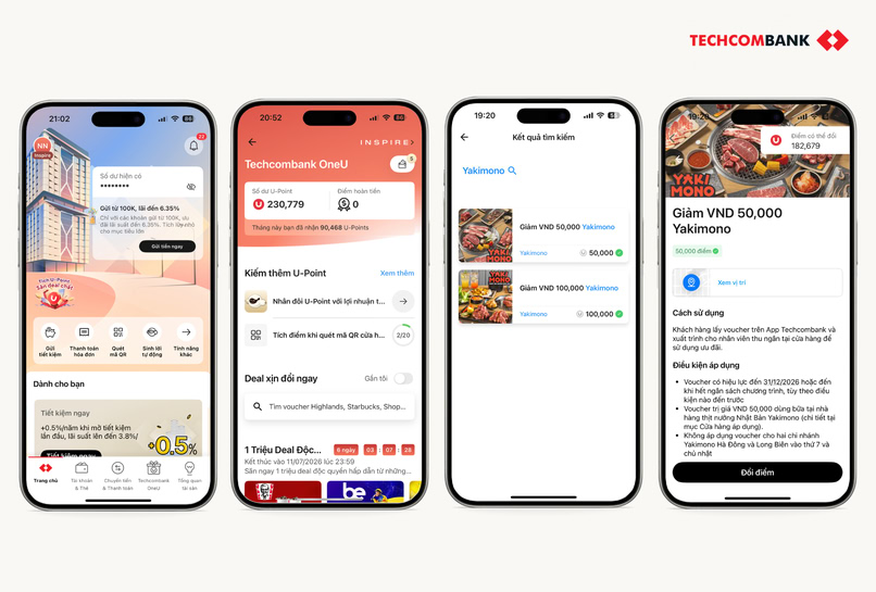 Hướng dẫn đổi điểm UPoint lấy voucher Yakimono trên Techcombank Mobile. 