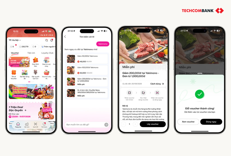 Đổi UPoint nhận voucher Yakimono trên app Techcombank OneU.