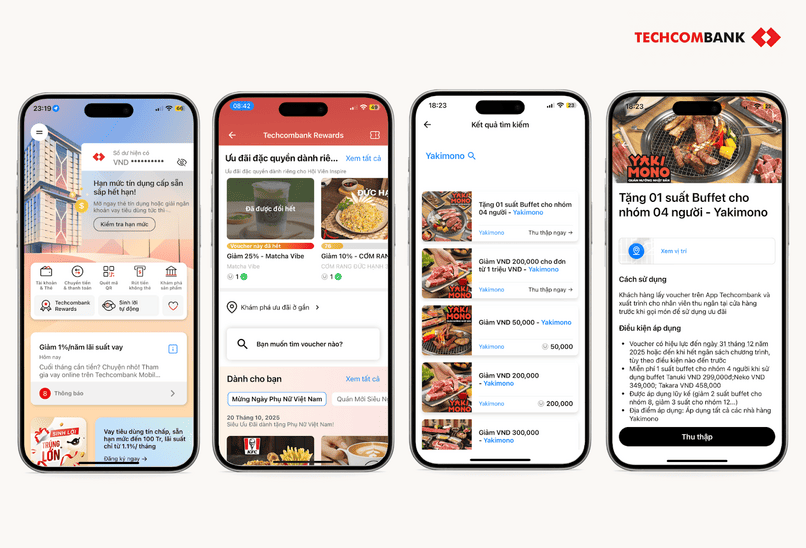 Nhận voucher Yakimono trên Techcombank Mobile.