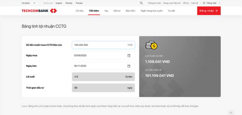 Công cụ tính lợi nhuận Chứng chỉ tiền gửi Techcombank trực tuyến trên website.