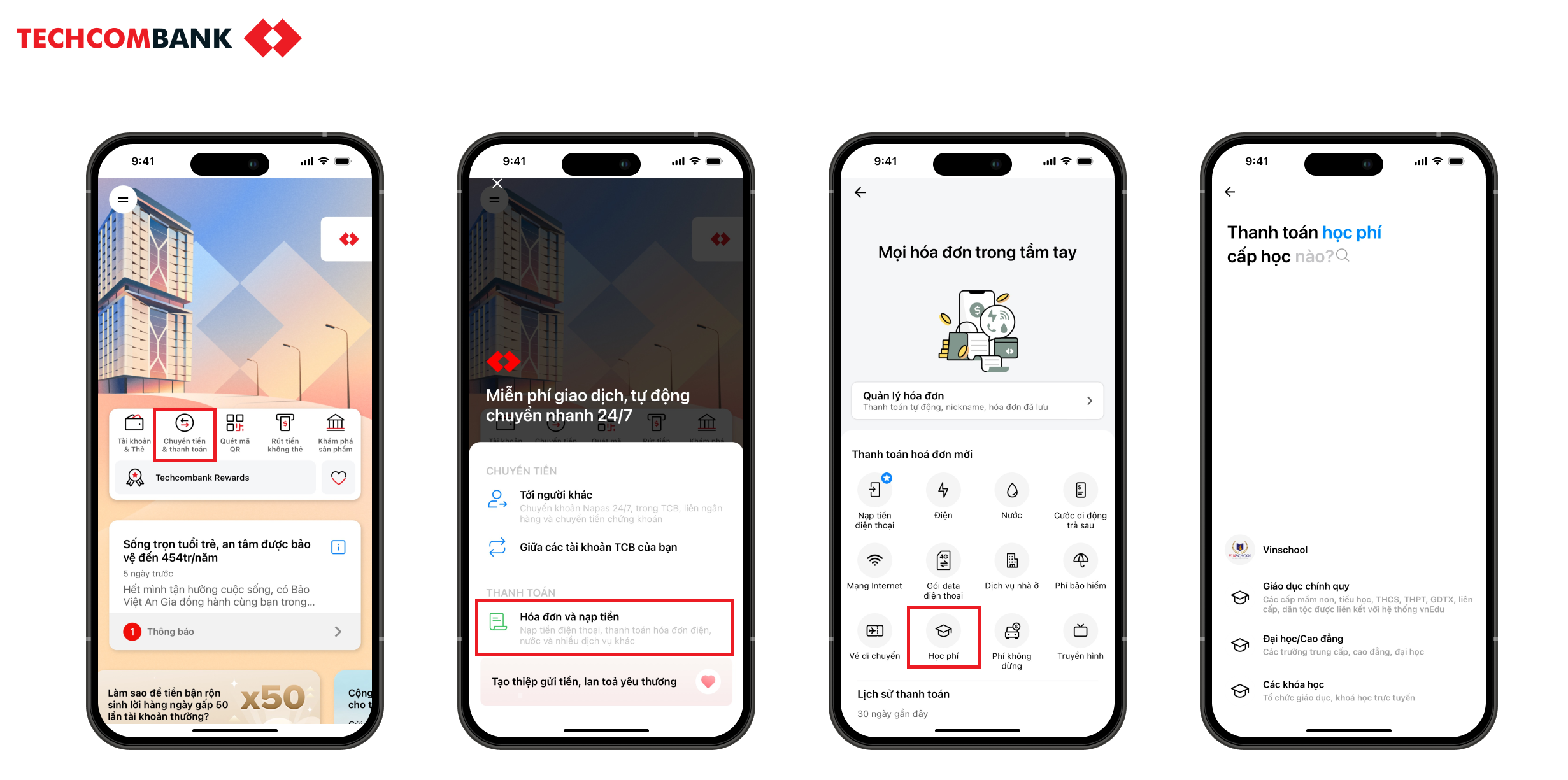 Thanh toán học phí online dễ dàng trên Techcombank Mobile.