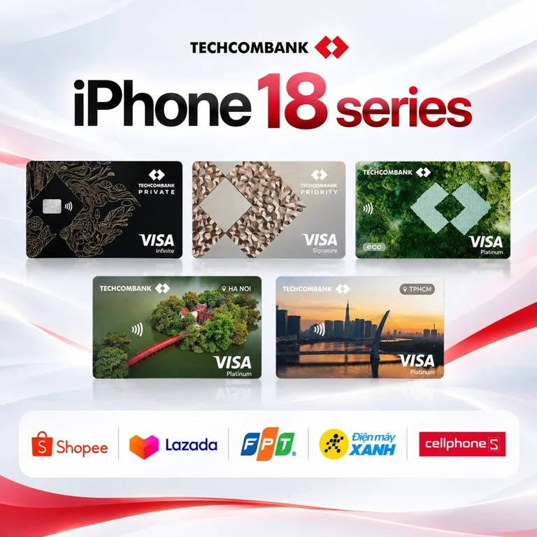 Giảm tới 3 triệu khi mua iPhone 18 với thẻ thanh toán (thẻ ghi nợ) Techcombank