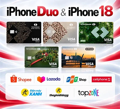 Giảm tới 5 triệu cho iPhone Duo & iPhone 18 với thẻ thanh toán (thẻ ghi nợ) Techcombank