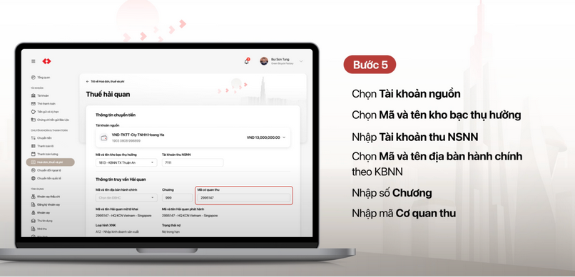 Nhập các thông tin về tài khoản nguồn, tài khoản thụ hưởng.