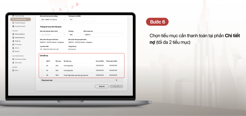 Lựa chọn tiểu mục cần thanh toán.