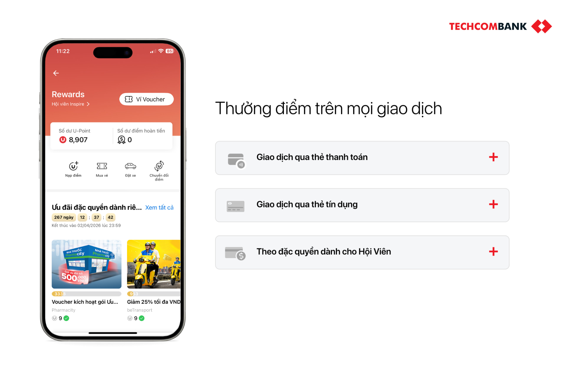 Các giao dịch nhận điểm thưởng Techcombank Reward