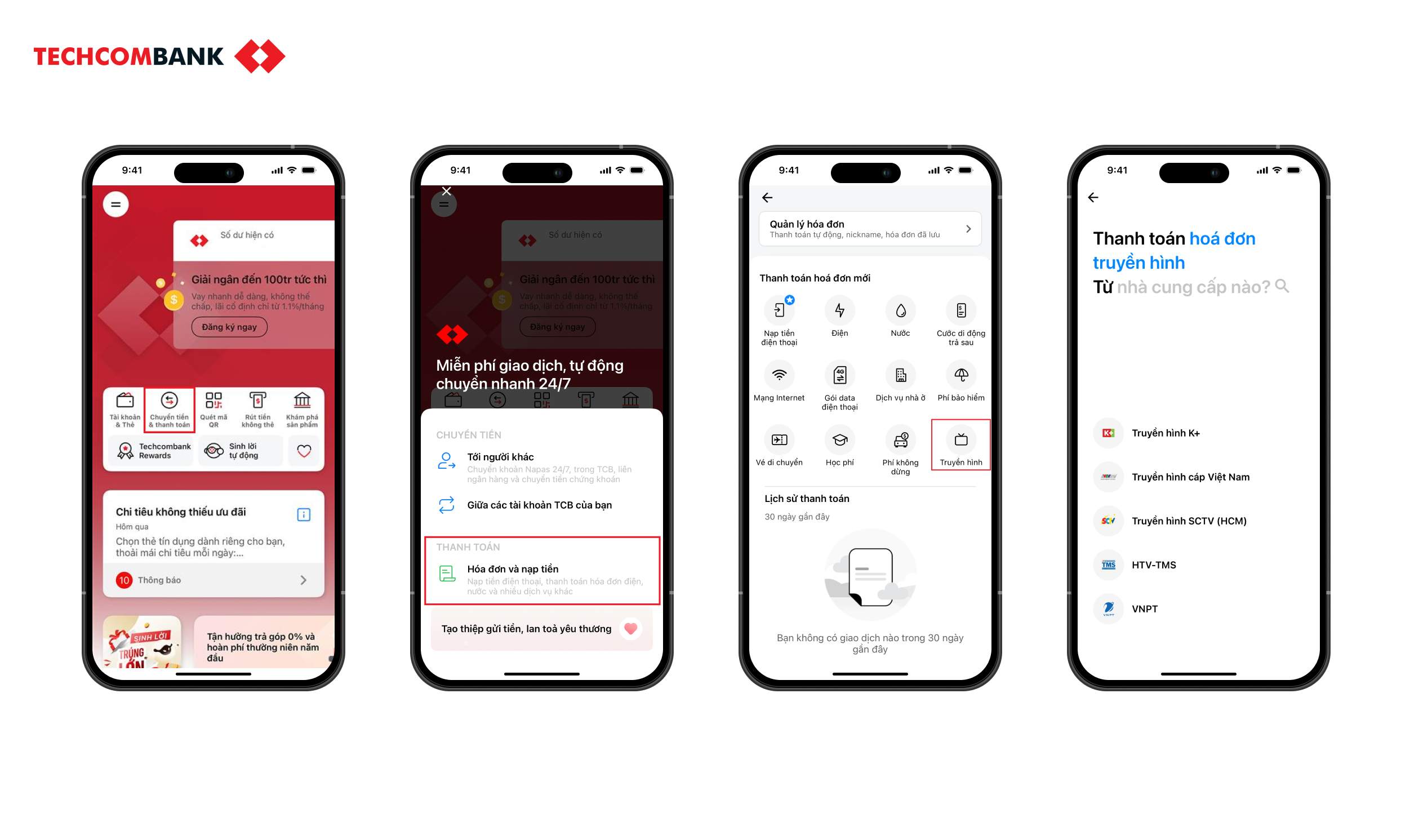 Cách thanh toán cước truyền hình online trên Techcombank Mobile. 