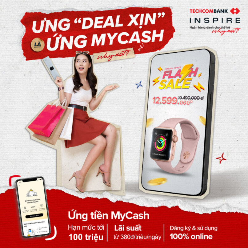 MyCash Techcombank Ứng tiền tiêu dùng không cần chứng minh thu nhập.